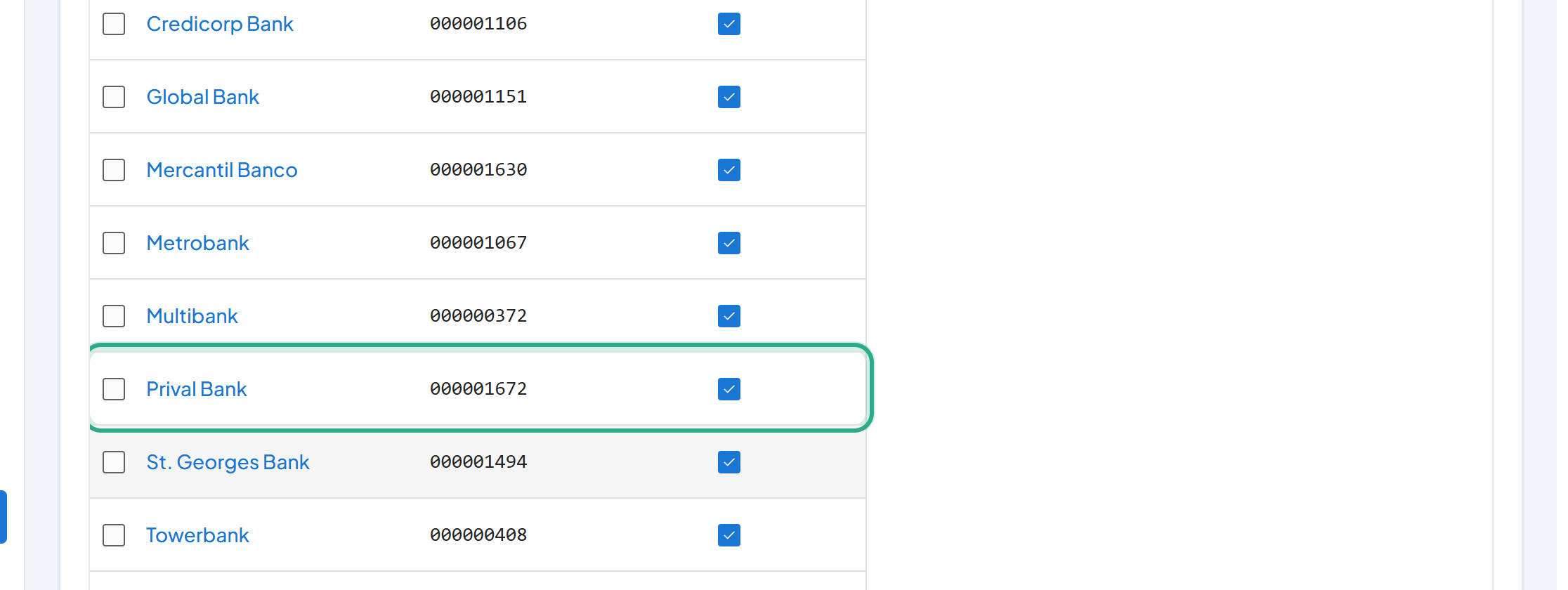 Lista de bancos con la nueva fila Prival Bank 000001672 resaltada