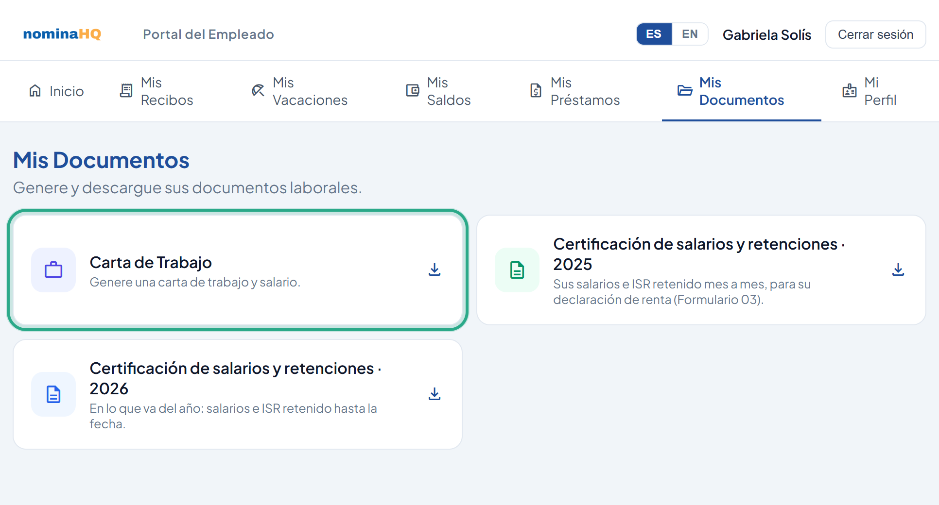 Pantalla Mis Documentos con la tarjeta Carta de Trabajo resaltada y las certificaciones de salarios y retenciones 2025 y 2026