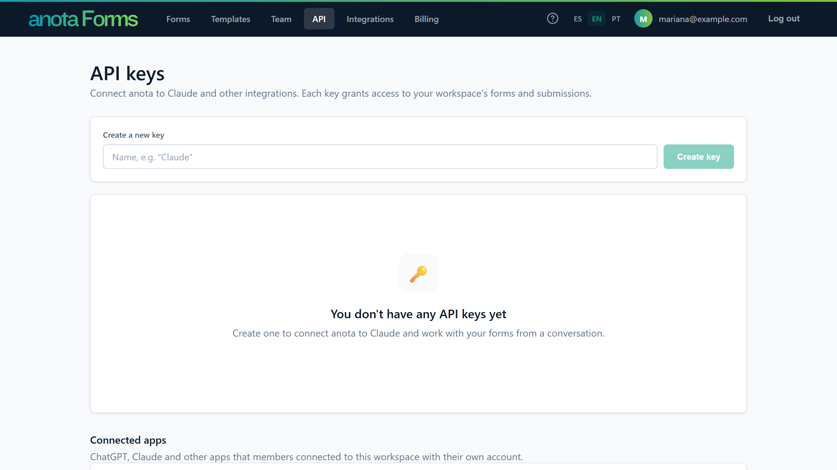The API keys page with the empty state: You don't have any API keys yet