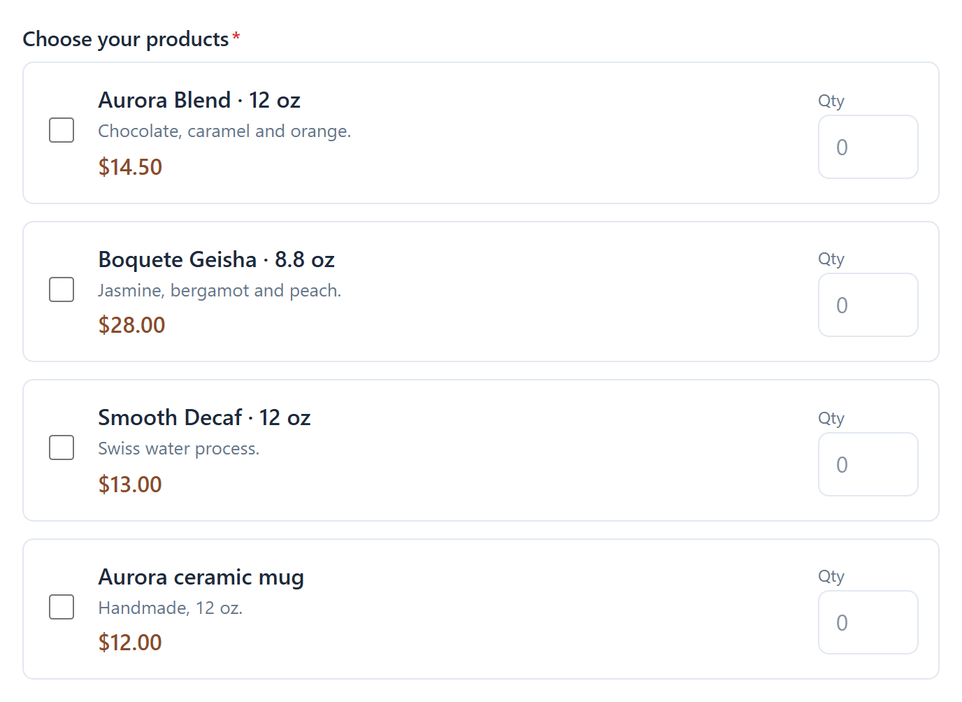 The published Choose your products question with four items, each with a checkbox, description, price and Qty box