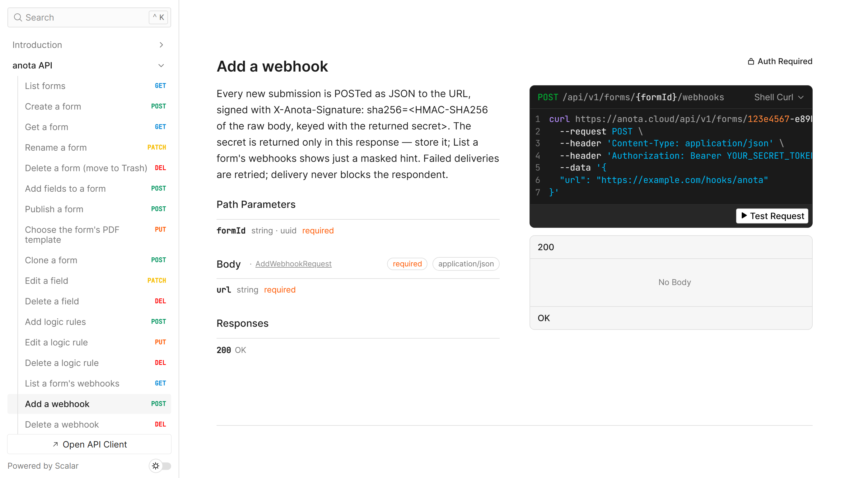 The Add a webhook operation: the description, formId path parameter, url body field, and a Shell curl example with the Test Request button
