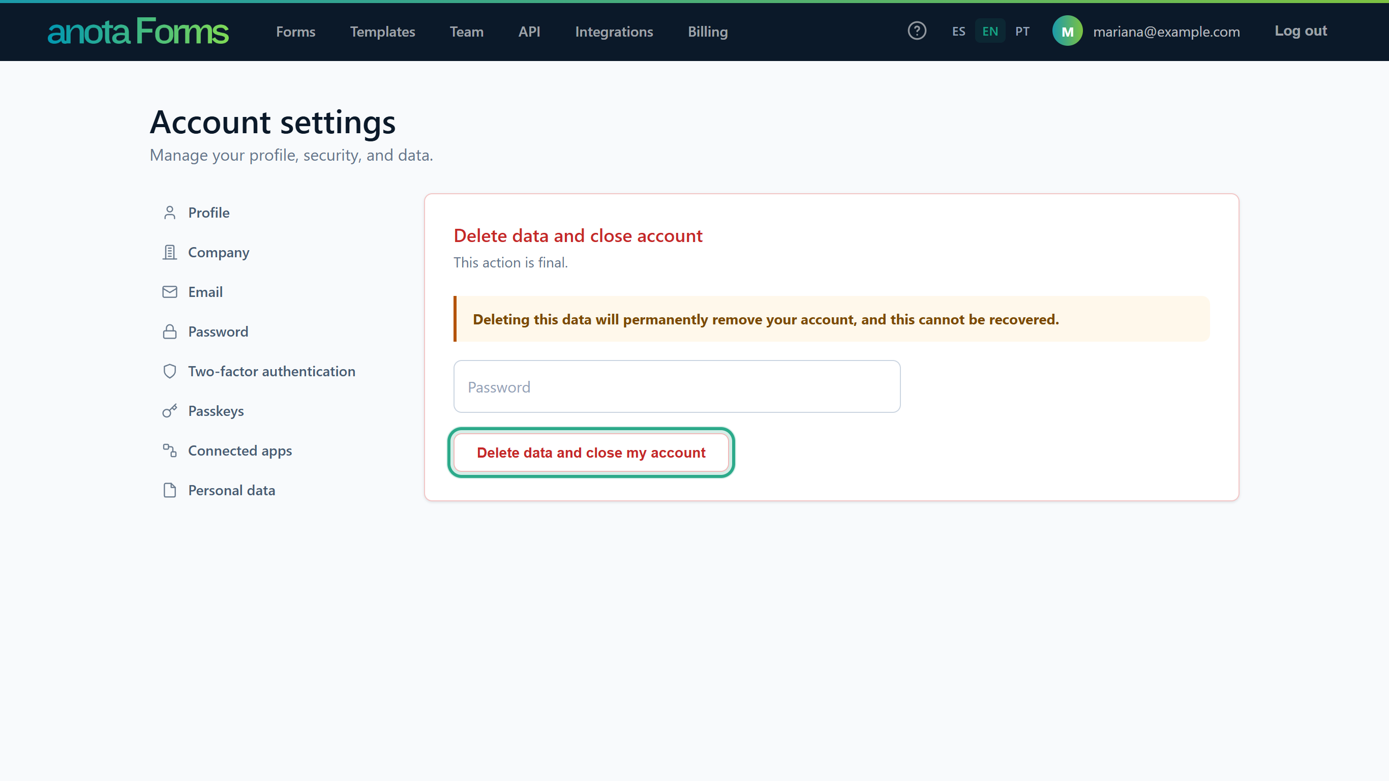 The Delete data and close account card, This action is final, with the warning, the Password box and the Delete data and close my account button outlined
