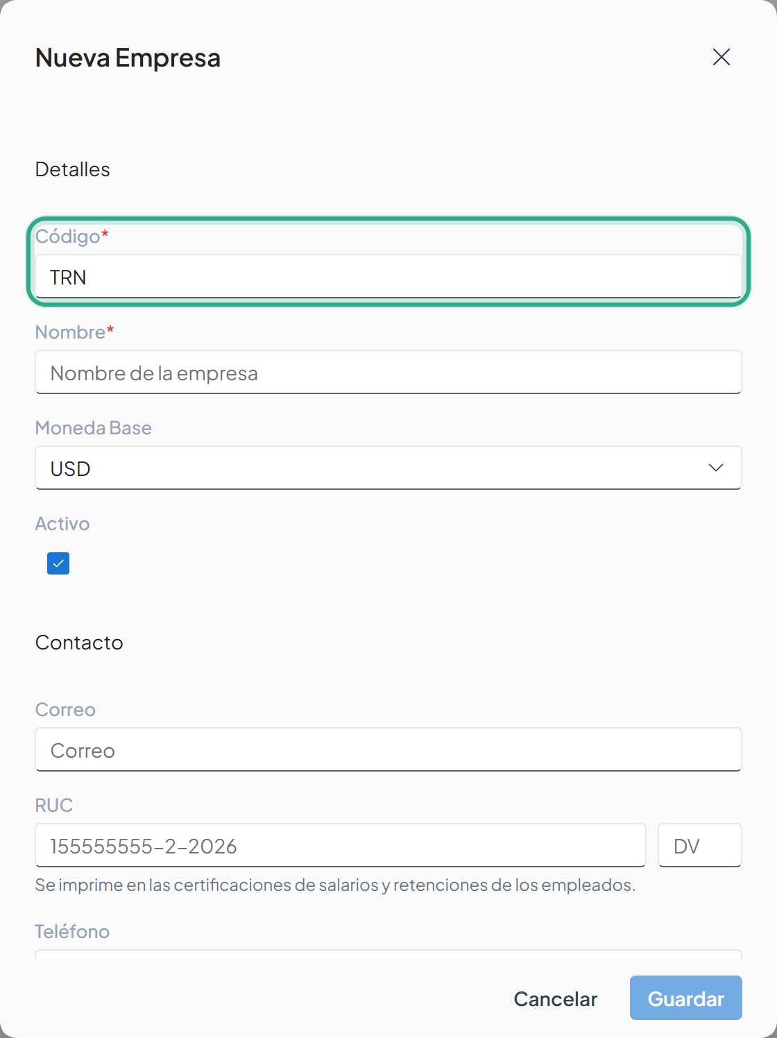 Cuadro Nueva Empresa con el campo Código resaltado y el valor TRN