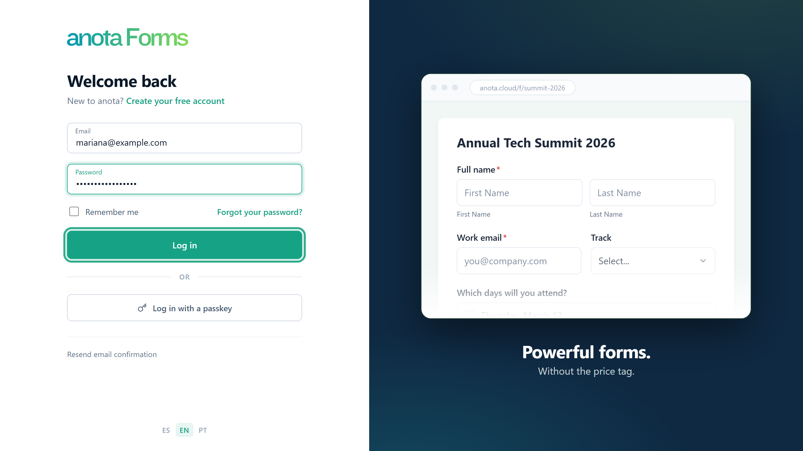 The Log in page with the email and password filled in and the Log in button outlined