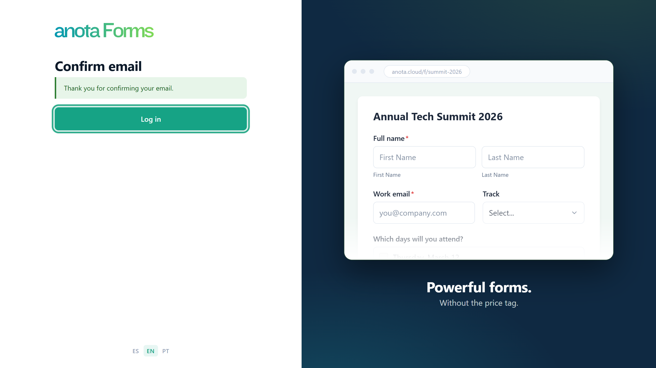 The Confirm email page, Thank you for confirming your email, with the Log in button outlined