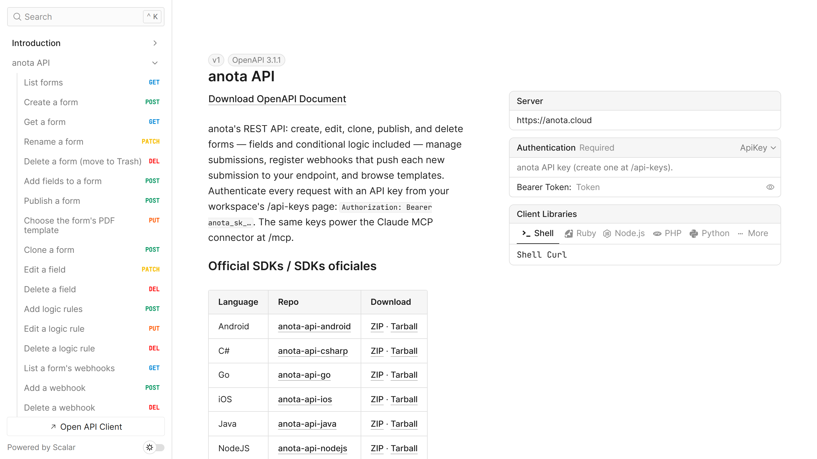 The anota API reference: the sidebar of endpoints, the introduction and SDK table, and the Server https://anota.cloud and Authentication boxes on the right