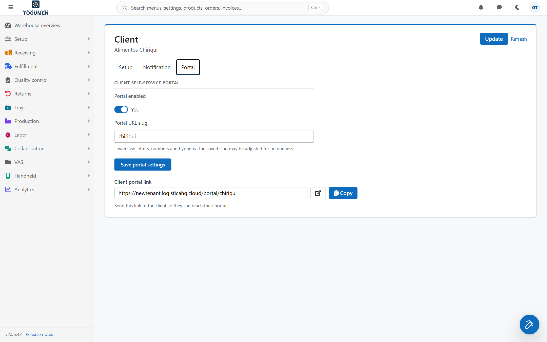 The Portal tab of a client with the portal switched on