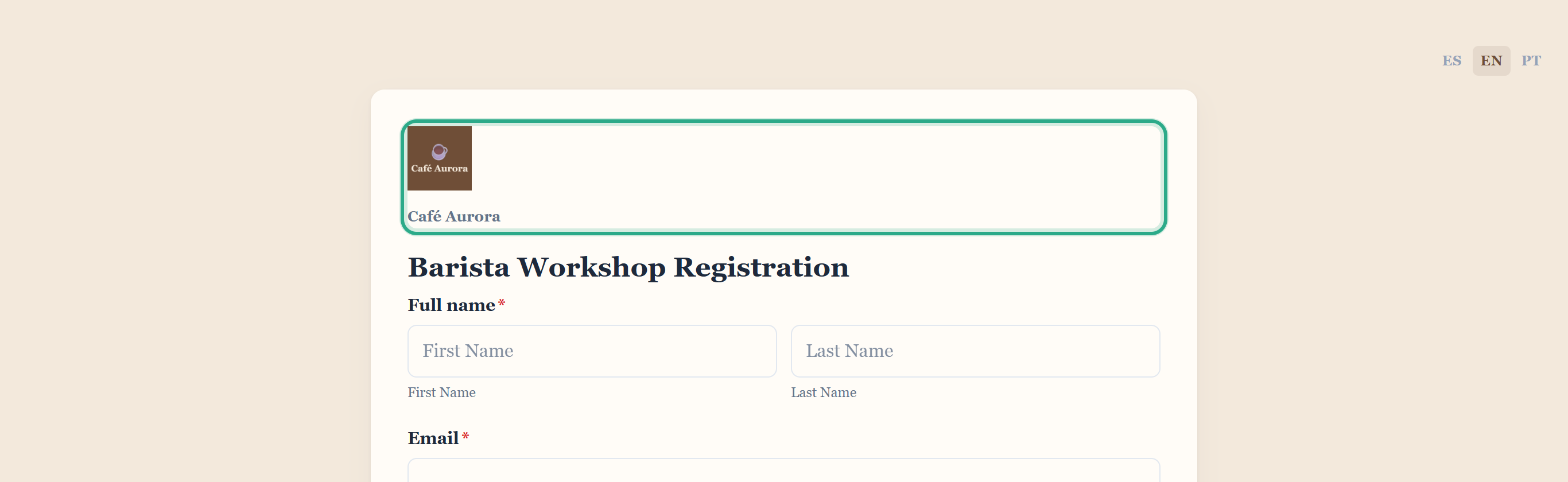 The top of the public Barista Workshop Registration form with the Café Aurora logo and the name Café Aurora outlined above the form title