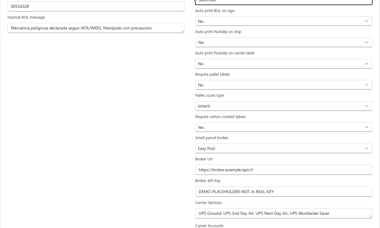 The Shipping section: auto print settings, require pallet labels, pallet count type, require carton content labels, small parcel broker and carrier services