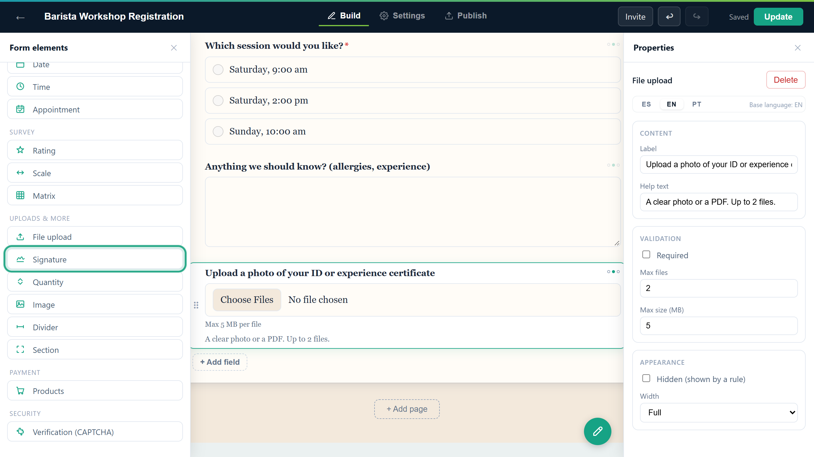 The Form elements panel with the Signature item outlined, below File upload