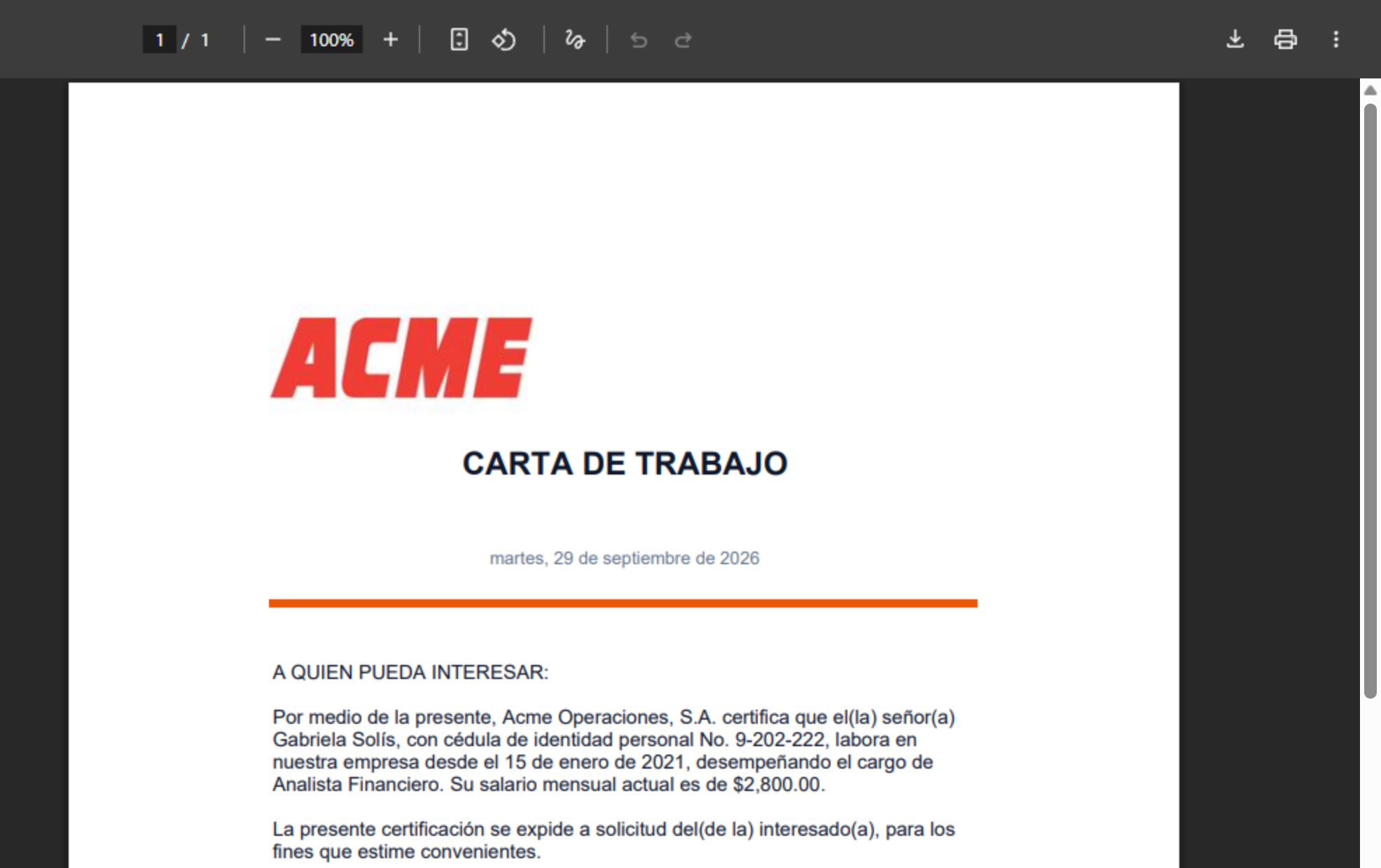 Carta de Trabajo de Gabriela Solís con logo de Acme, fecha y texto de certificación