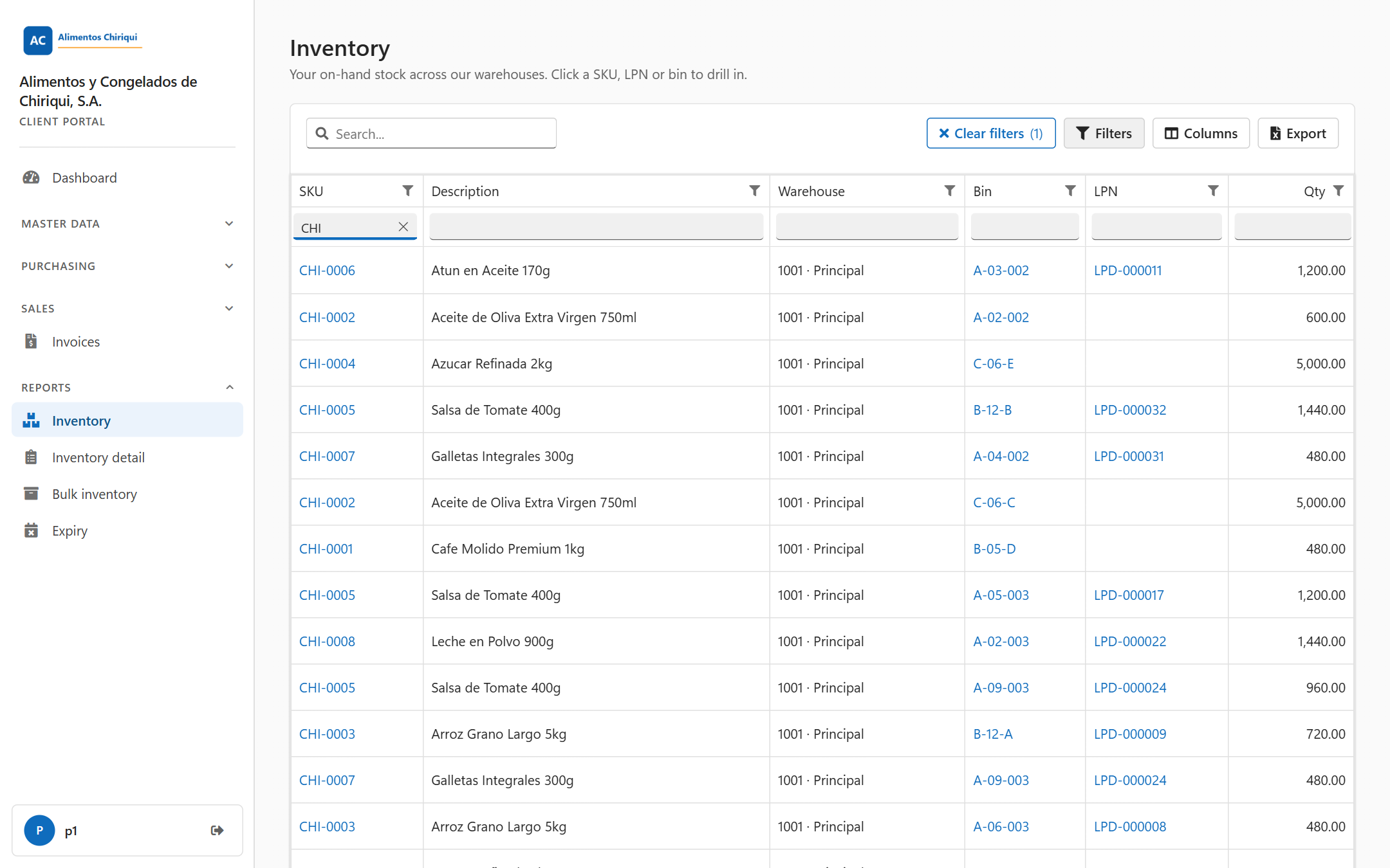 The Inventory list with the filter row open, one filter typed and the Clear filters button showing 1