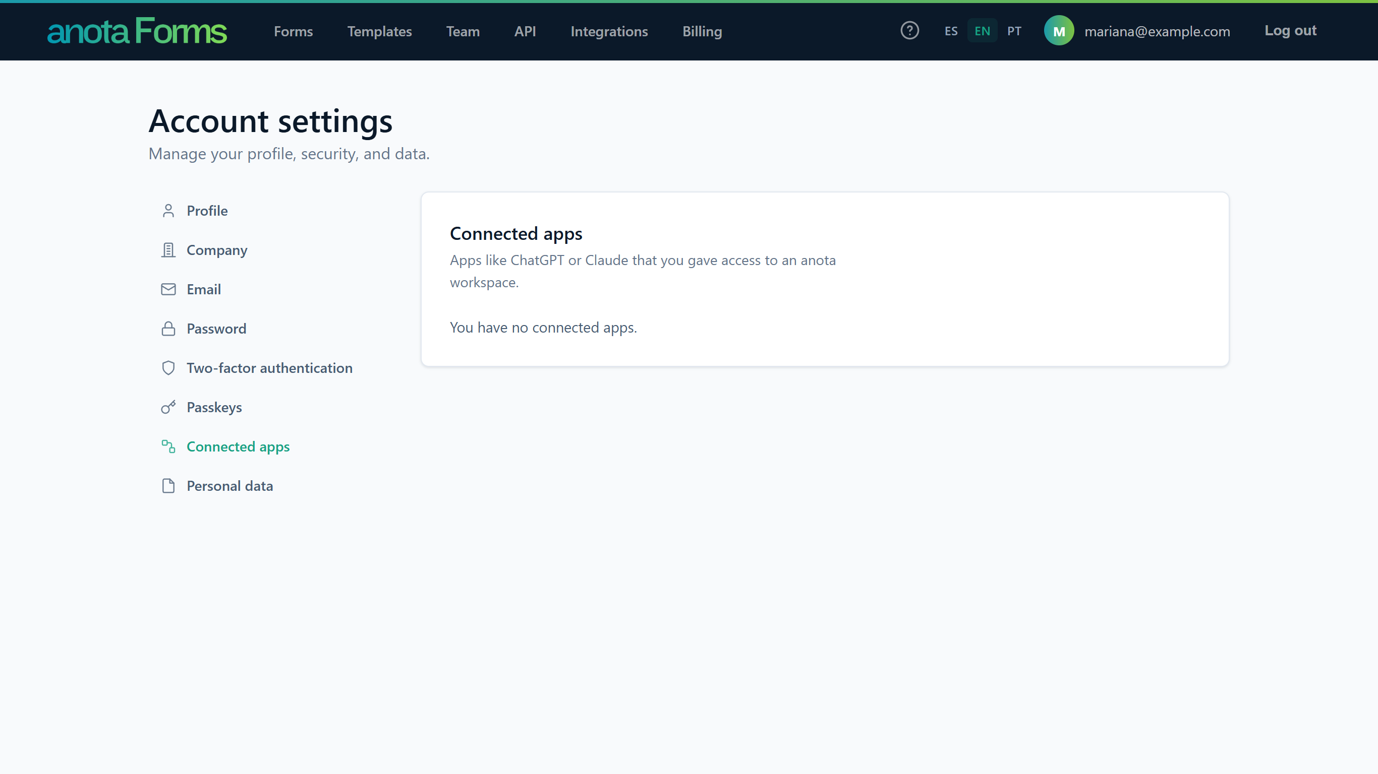 The Connected apps section, Apps like ChatGPT or Claude that you gave access to an anota workspace, with You have no connected apps.