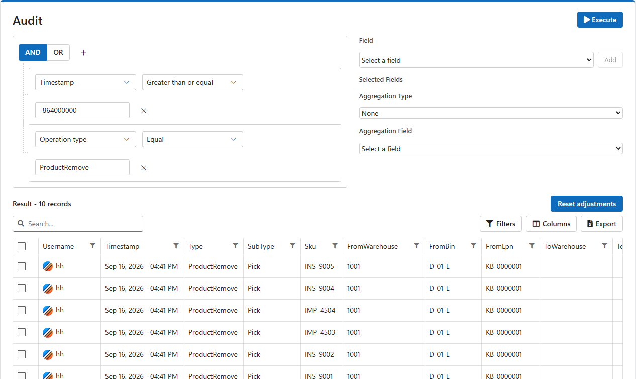 A query with two conditions joined by AND: Timestamp in the last 10 days and Operation type equal to ProductRemove, returning 10 pick records