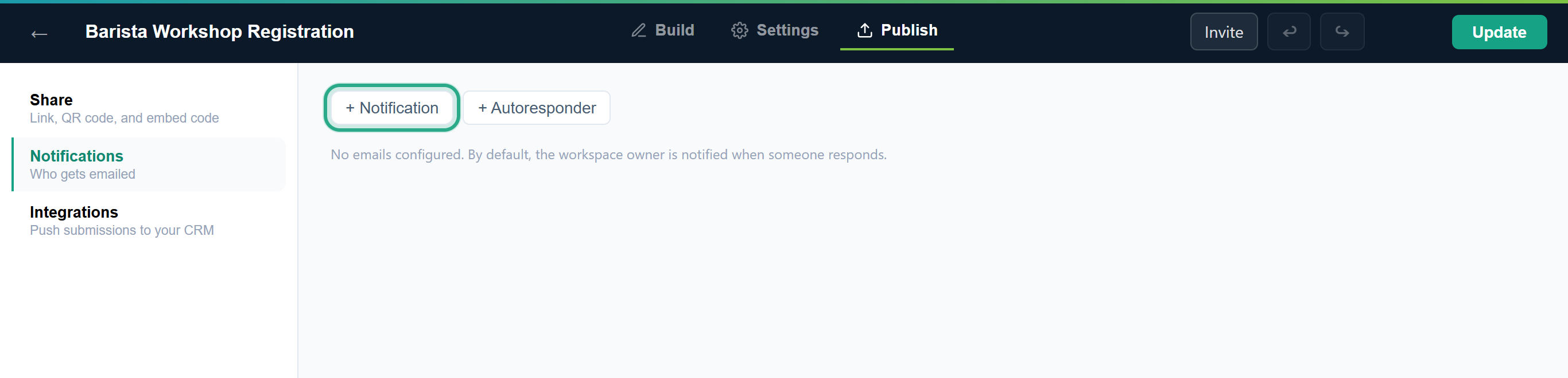 The + Notification button outlined, above the No emails configured message