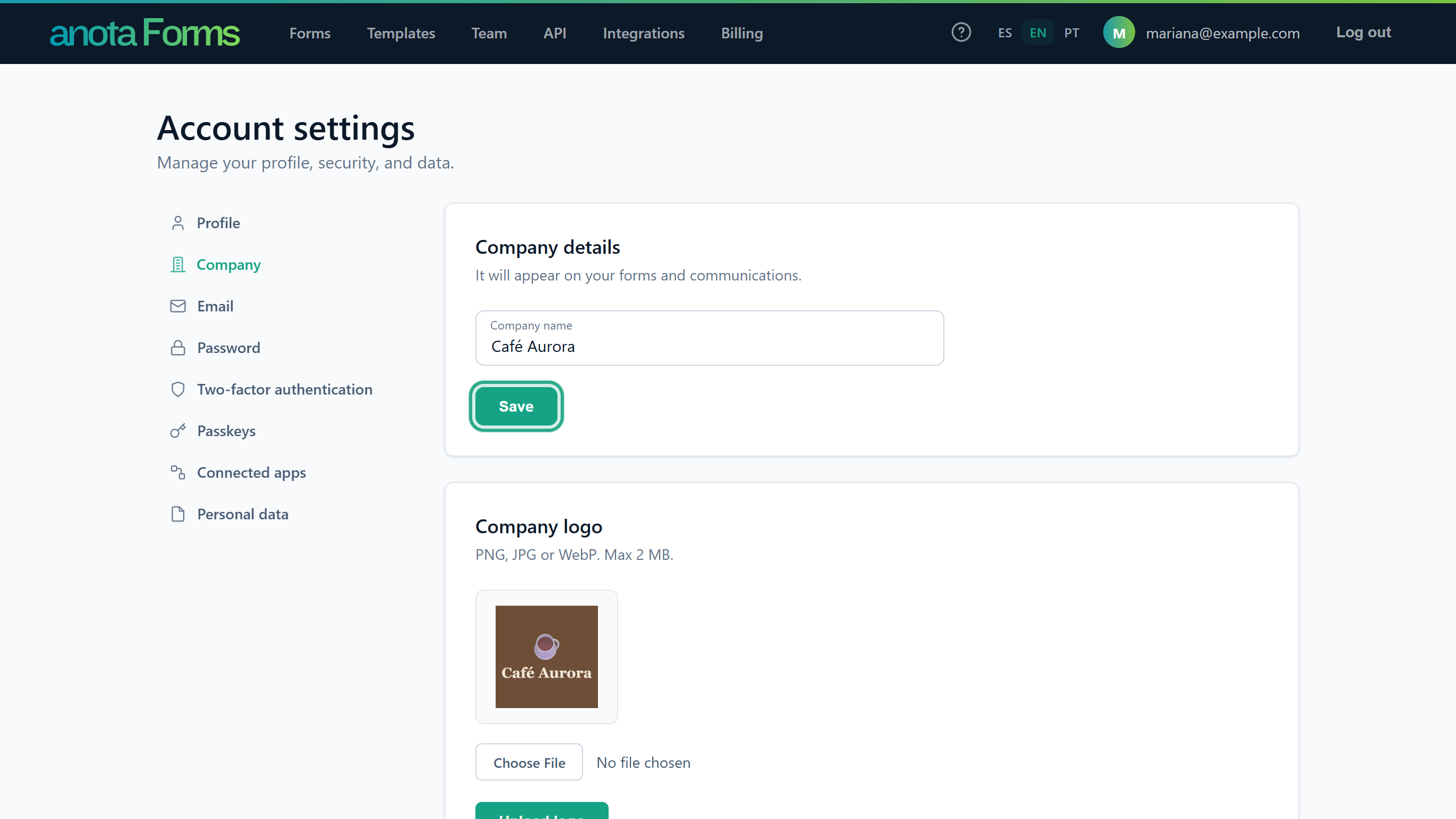 The Save button under Company name, outlined