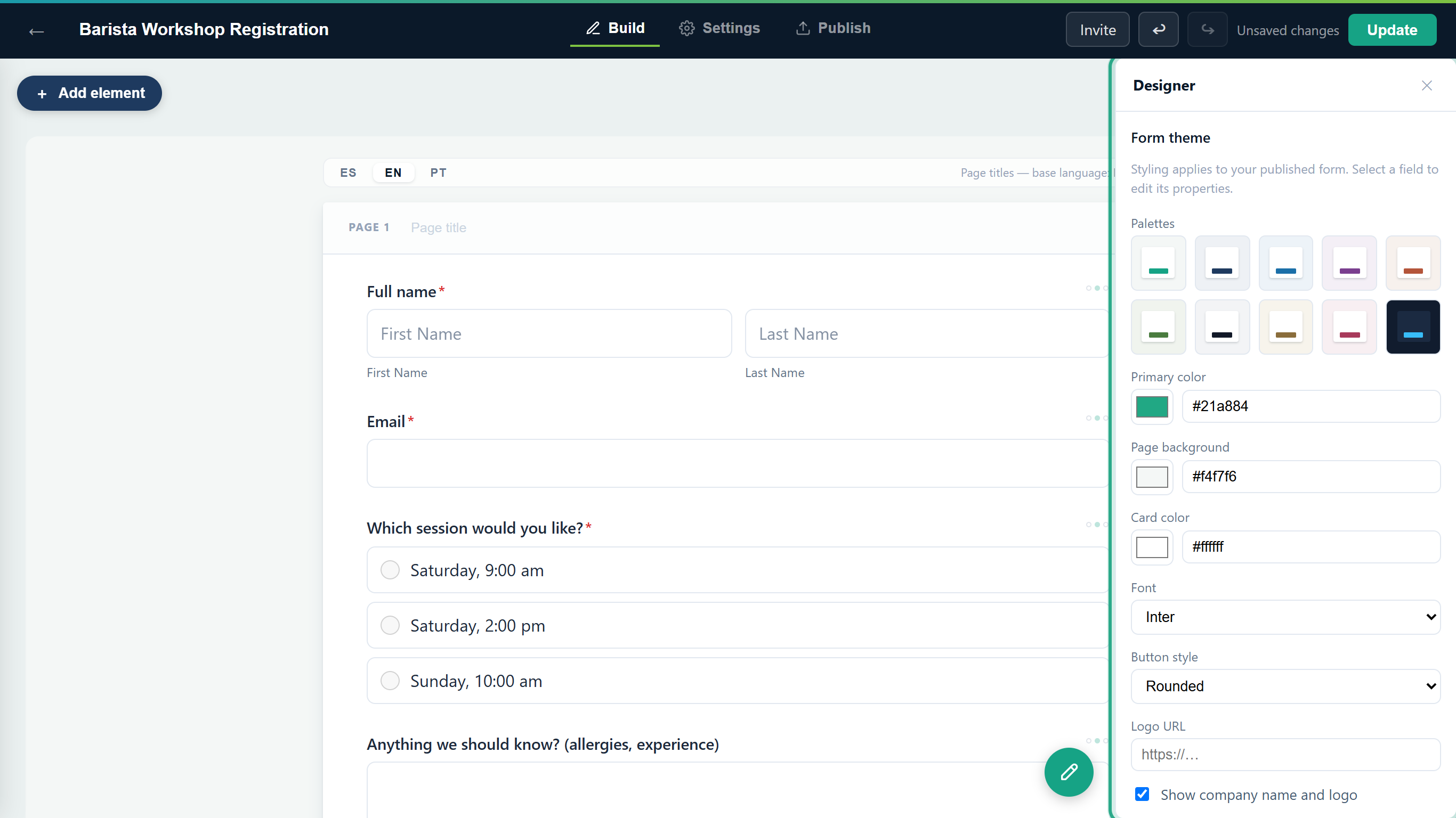 The Designer panel open on the right with the Form theme settings, outlined