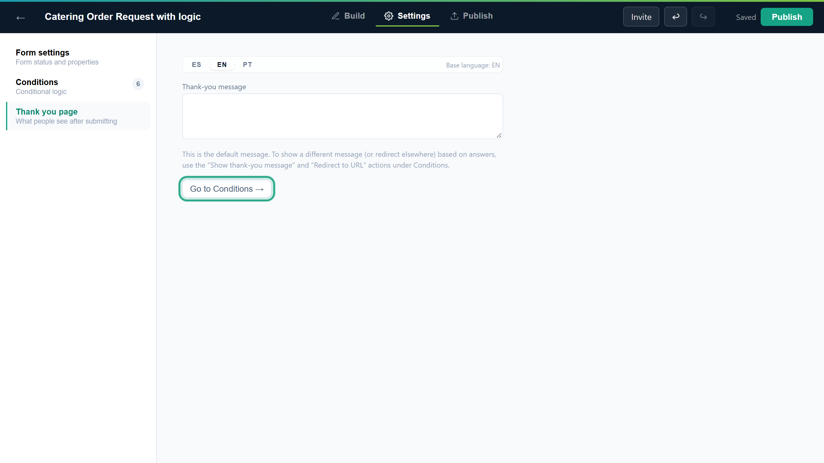 The Thank you page settings with the Thank-you message box, the hint about the Show thank-you message and Redirect to URL actions, and the Go to Conditions button outlined