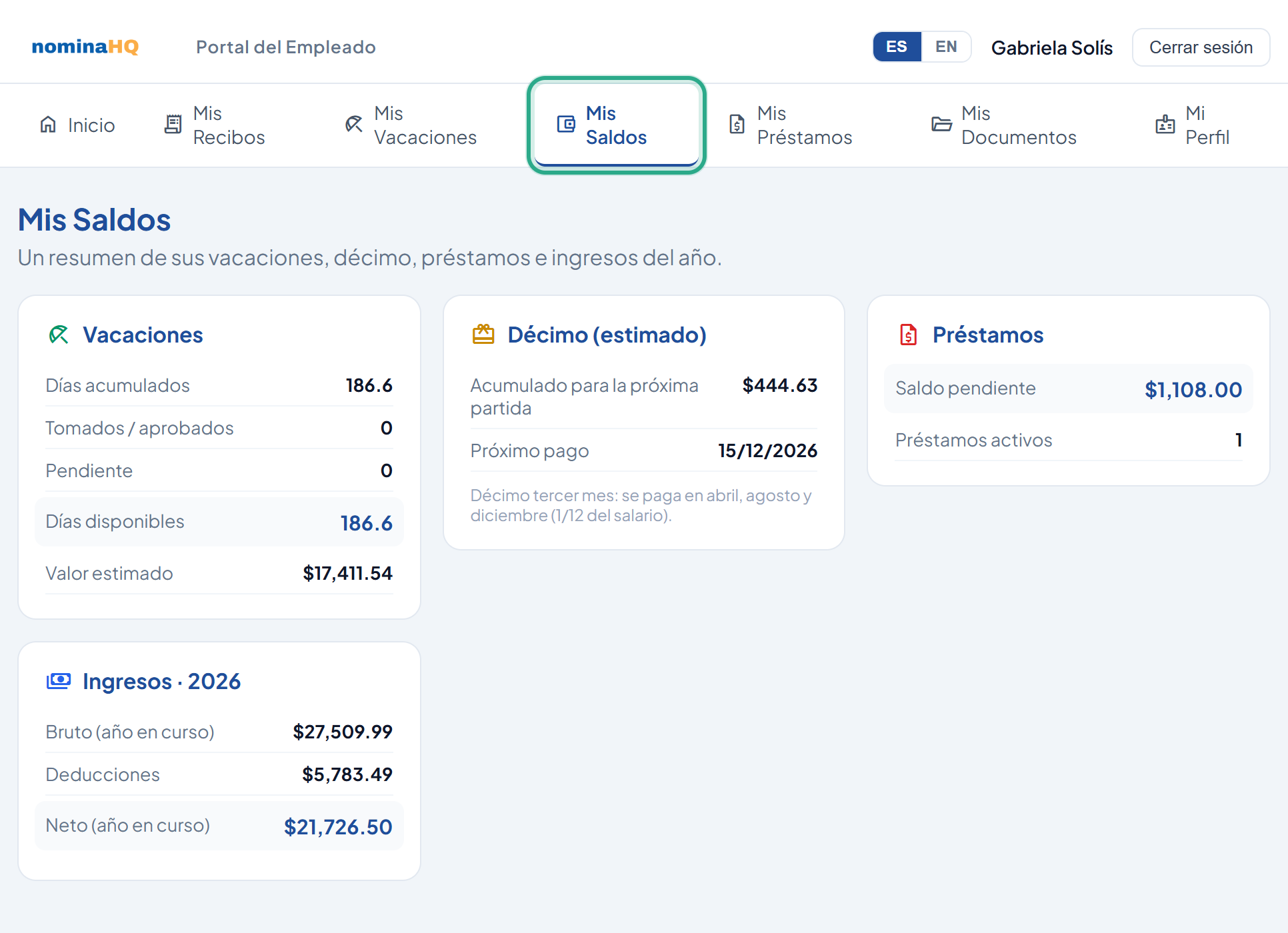 Pantalla Mis Saldos con las tarjetas Vacaciones, Décimo (estimado), Préstamos e Ingresos 2026