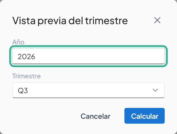 Cuadro Vista previa del trimestre con el campo Año resaltado