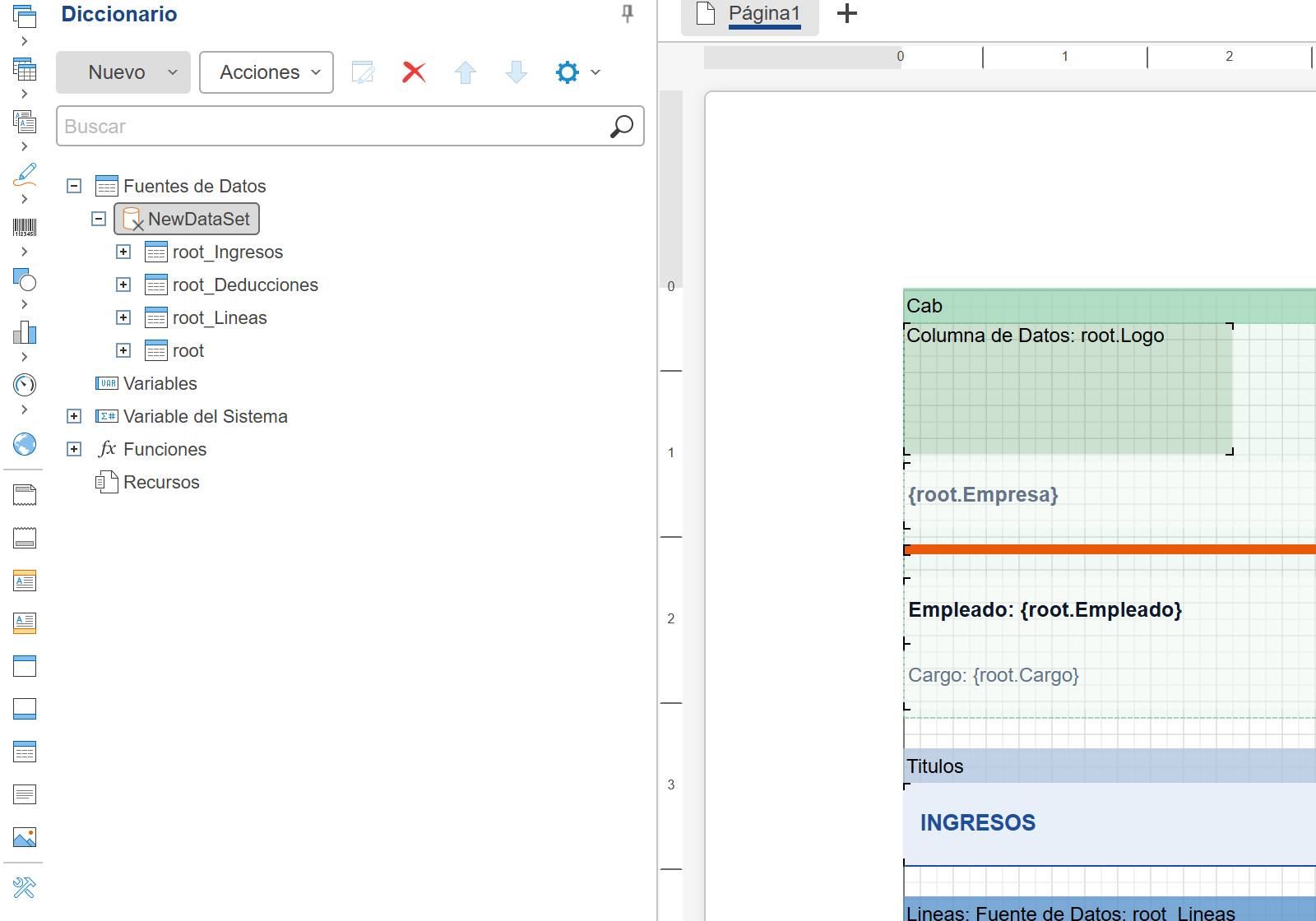 Panel Diccionario con Fuentes de Datos abierto y las fuentes root, root_Lineas, root_Ingresos y root_Deducciones