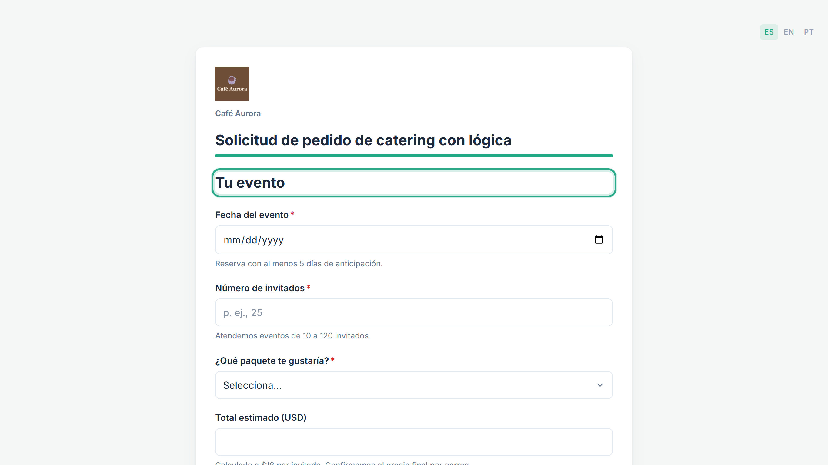 La página Tu evento, con su título resaltado, mostrada justo después de Tus datos