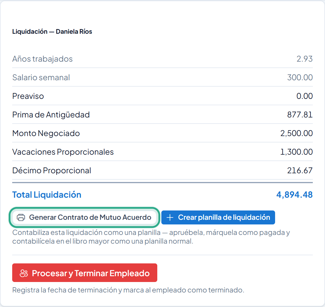 Liquidación por mutuo acuerdo con preaviso 0.00, Monto Negociado 2,500.00, total 4,894.48 y el botón Generar Contrato de Mutuo Acuerdo resaltado