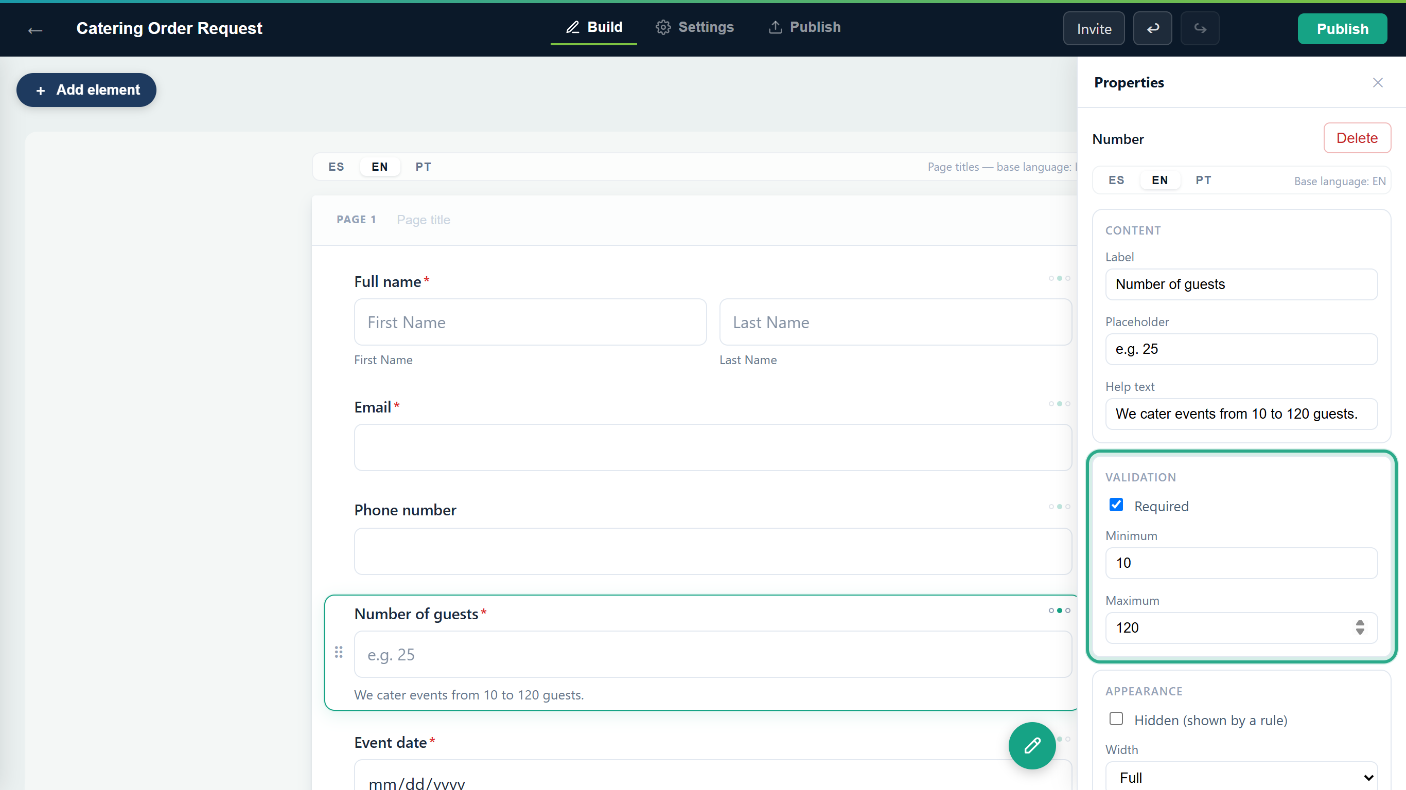 The Validation section outlined, with Required ticked, Minimum 10 and Maximum 120