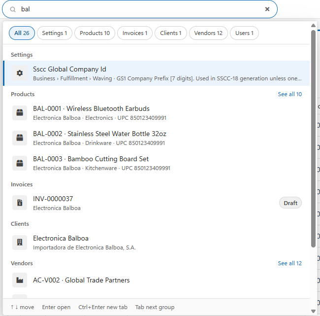 Ctrl+K search results grouped by Settings, Products, Invoices, Clients and Vendors