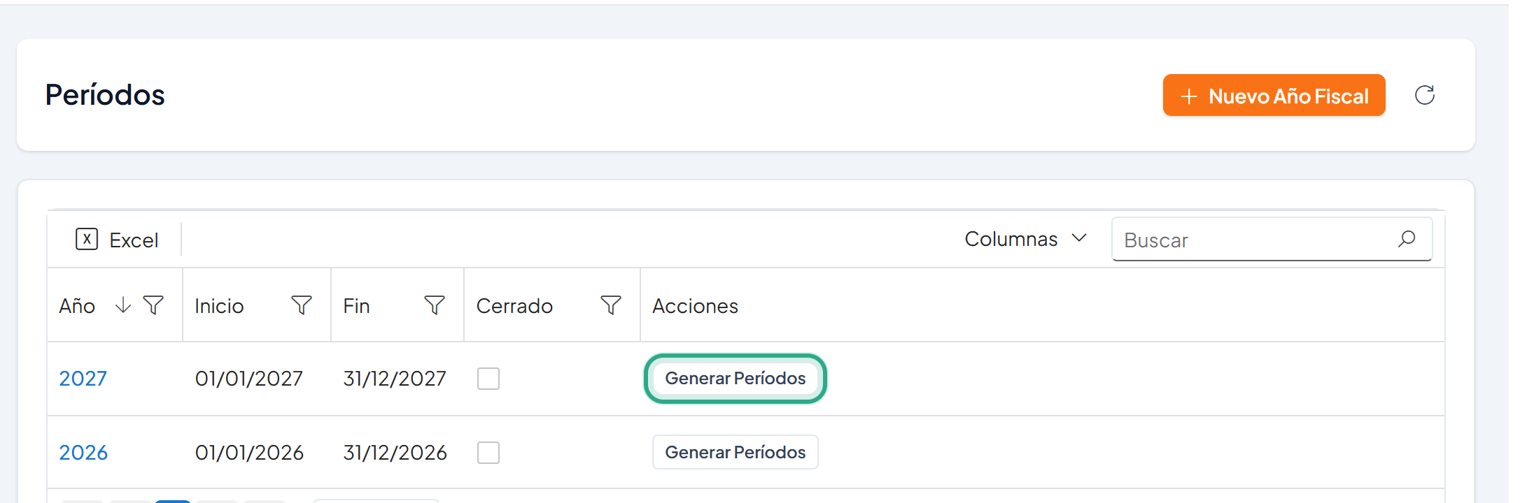 Lista de años fiscales con el botón Generar Períodos del año 2027 resaltado