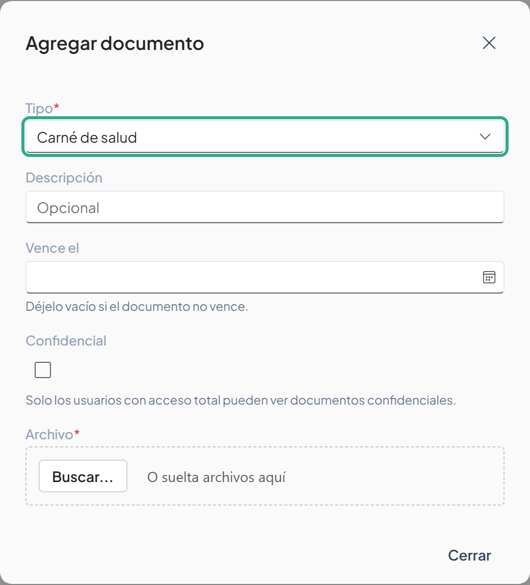 Cuadro Agregar documento con el campo Tipo resaltado y Carné de salud seleccionado