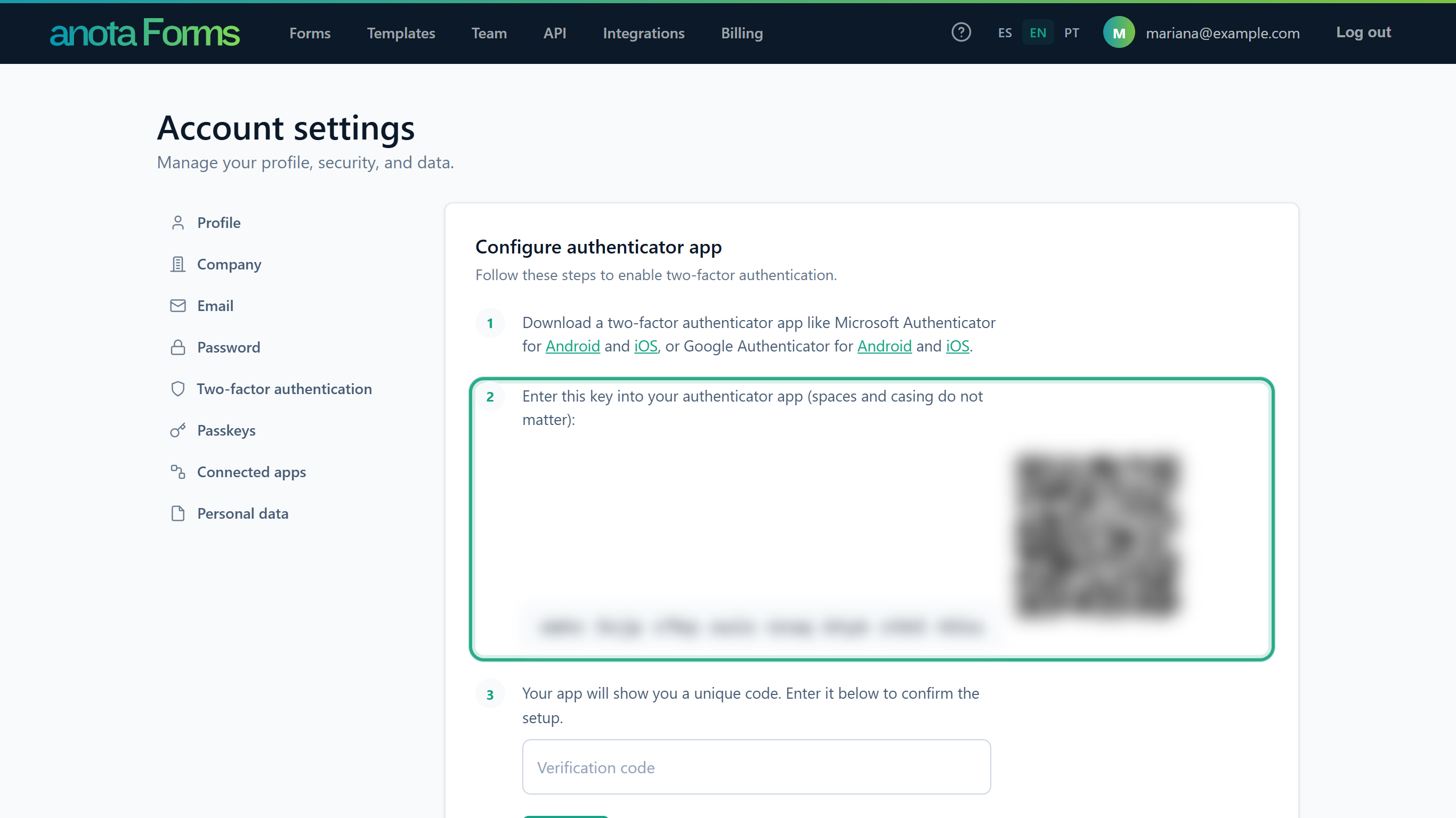 The Configure authenticator app card with step 2, Enter this key into your authenticator app, outlined, with the key and the QR code blurred