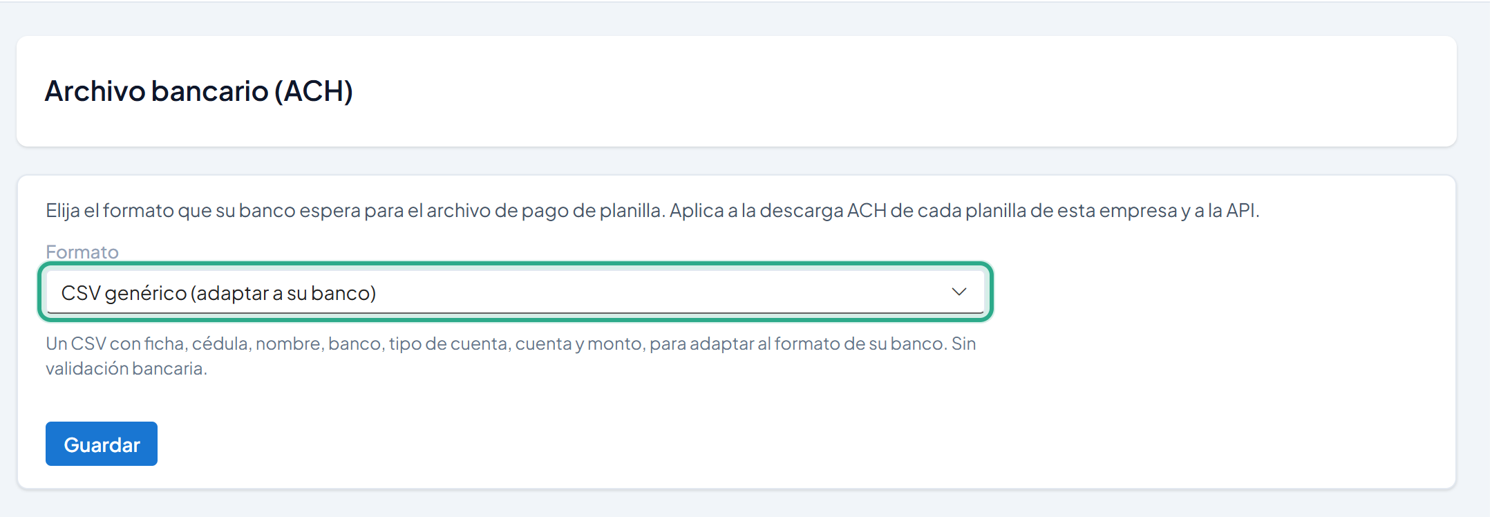 Lista Formato resaltada con el valor CSV genérico (adaptar a su banco)