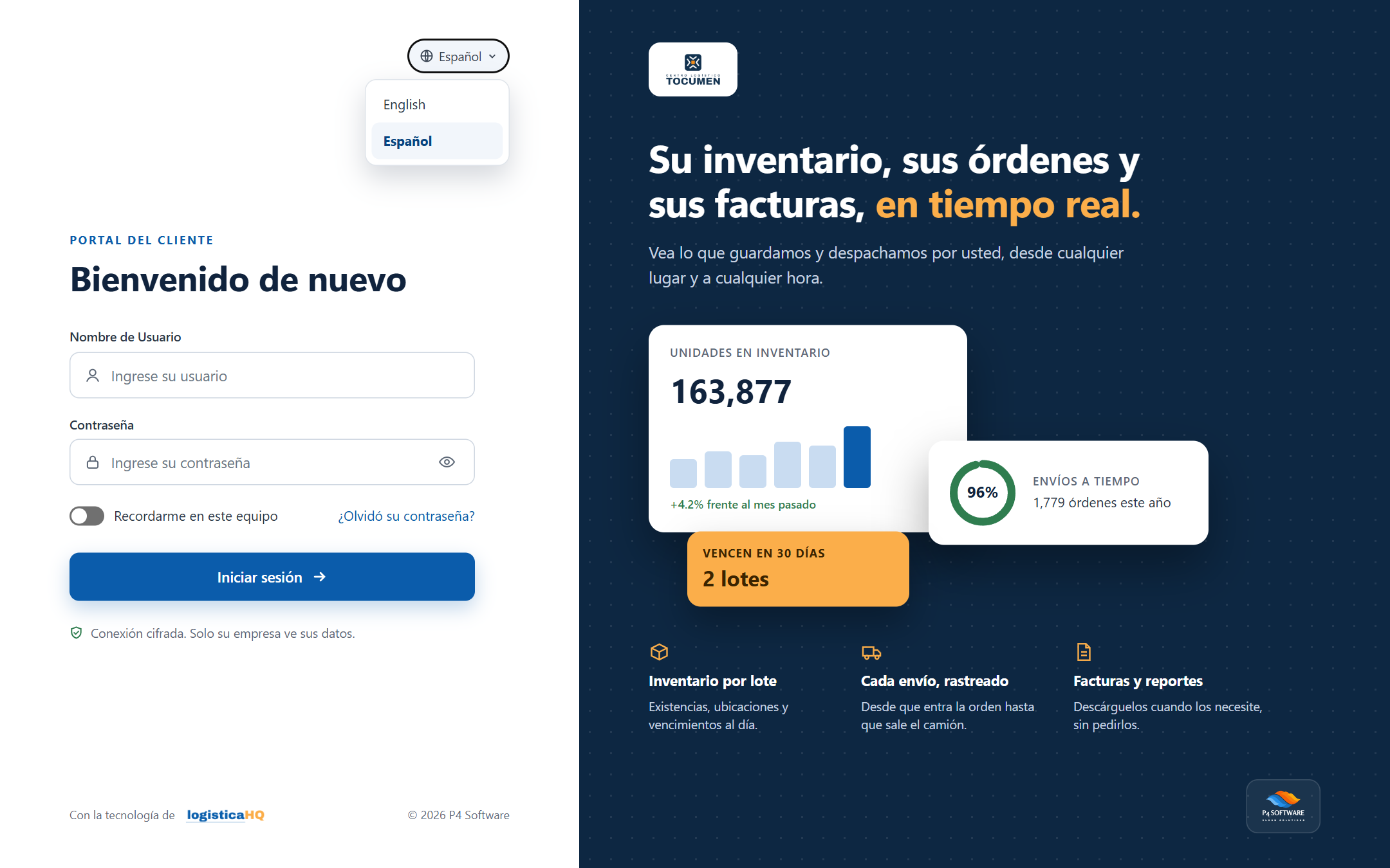 La lista de idiomas abierta en la página de inicio de sesión