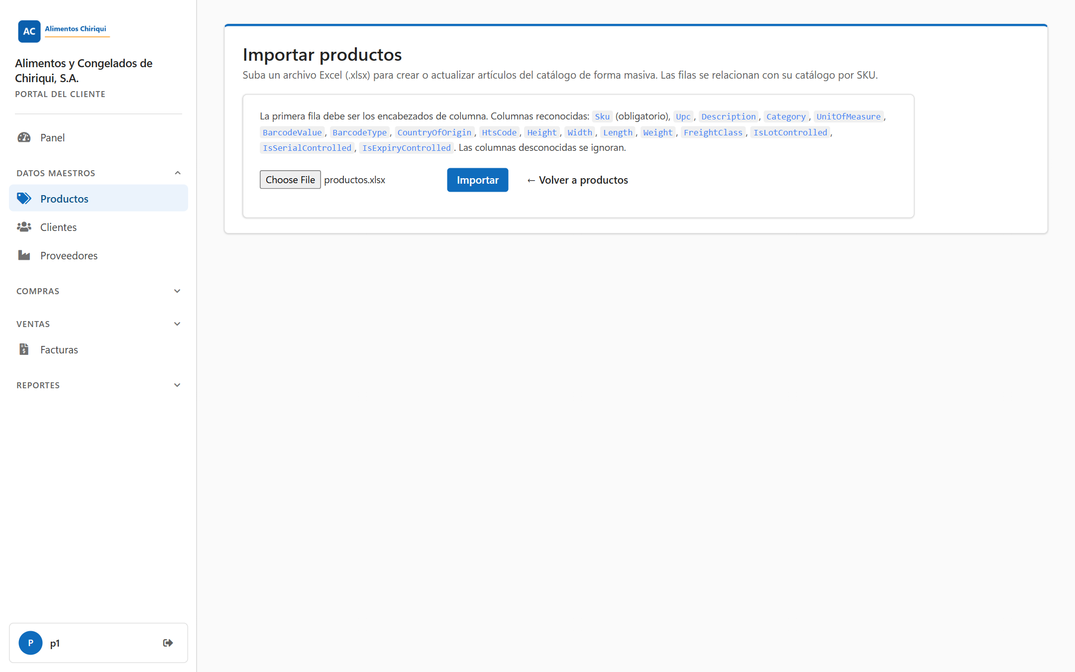 La página Importar productos con la línea de explicación, la tarjeta de columnas reconocidas, el selector de archivos y el botón Importar