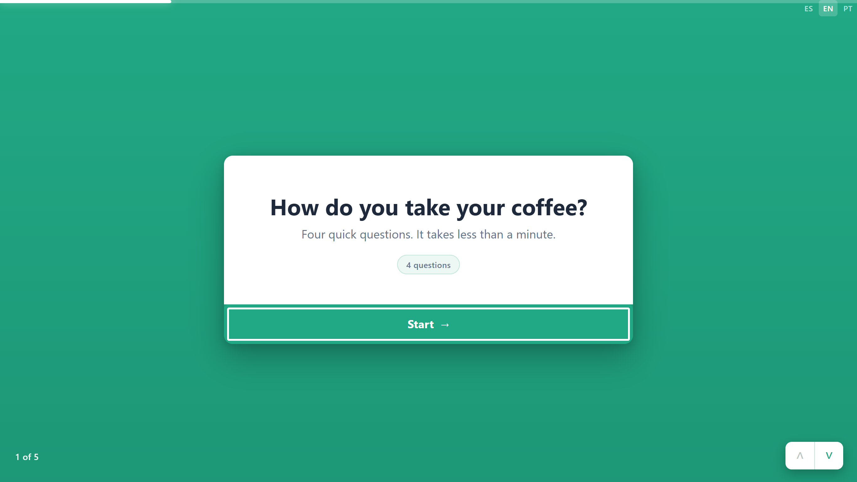 The welcome card of Quick Coffee Poll with 4 questions and the Start button outlined, 1 of 5 at the bottom left and the arrows at the bottom right