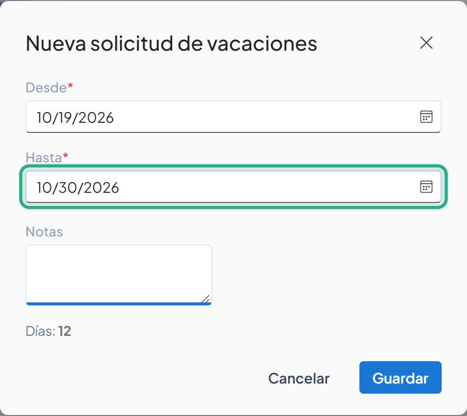 Campo Hasta resaltado con 10/30/2026 y el cálculo Días: 12