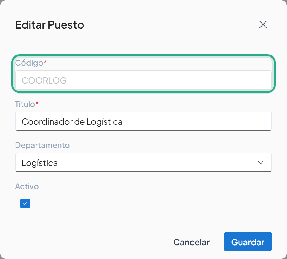 Cuadro Editar Puesto con el campo Código deshabilitado y resaltado