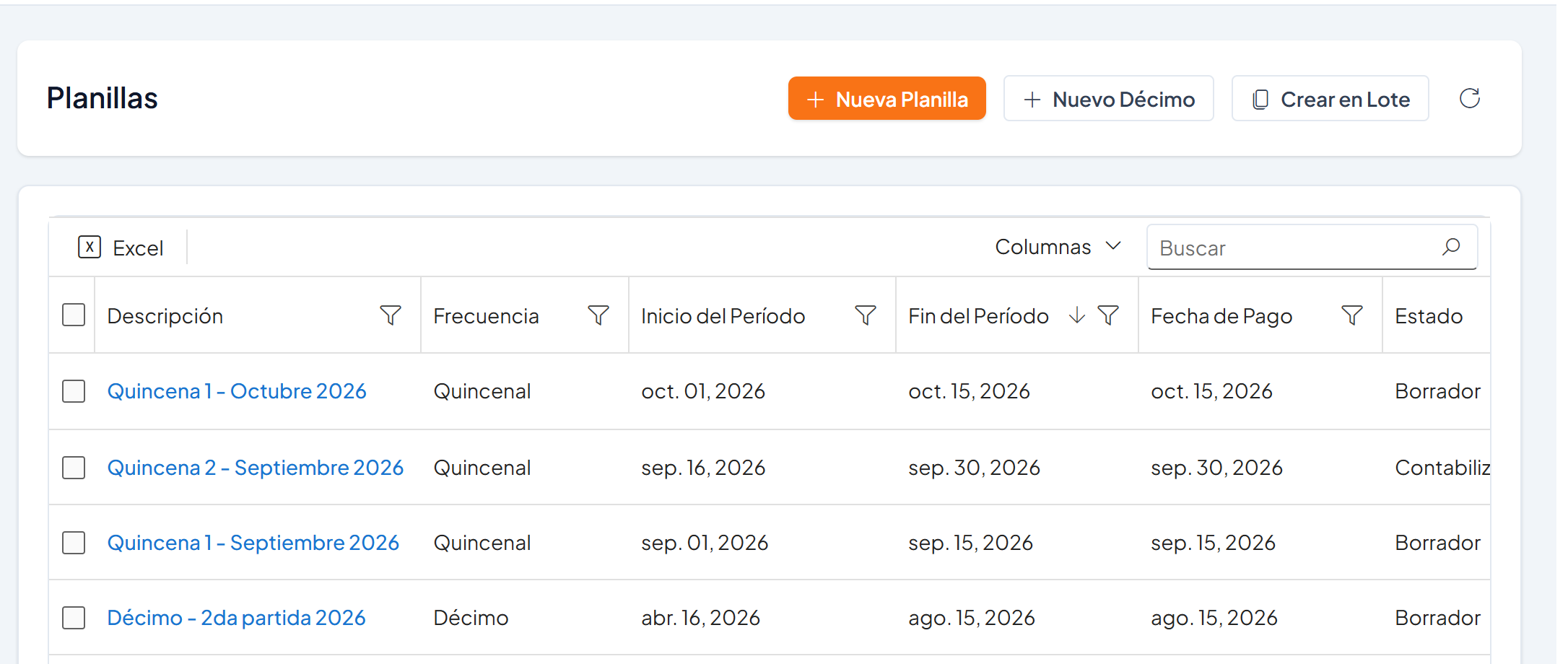 Pantalla Planillas con la lista de planillas y su estado