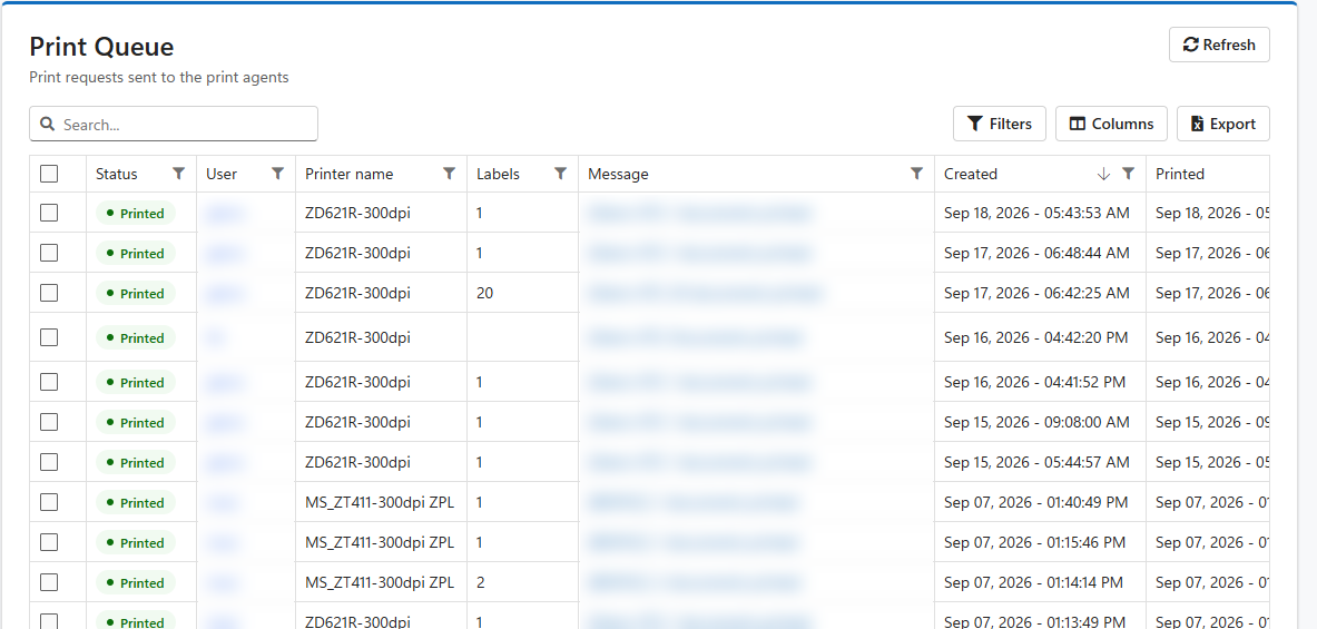 The Print Queue screen