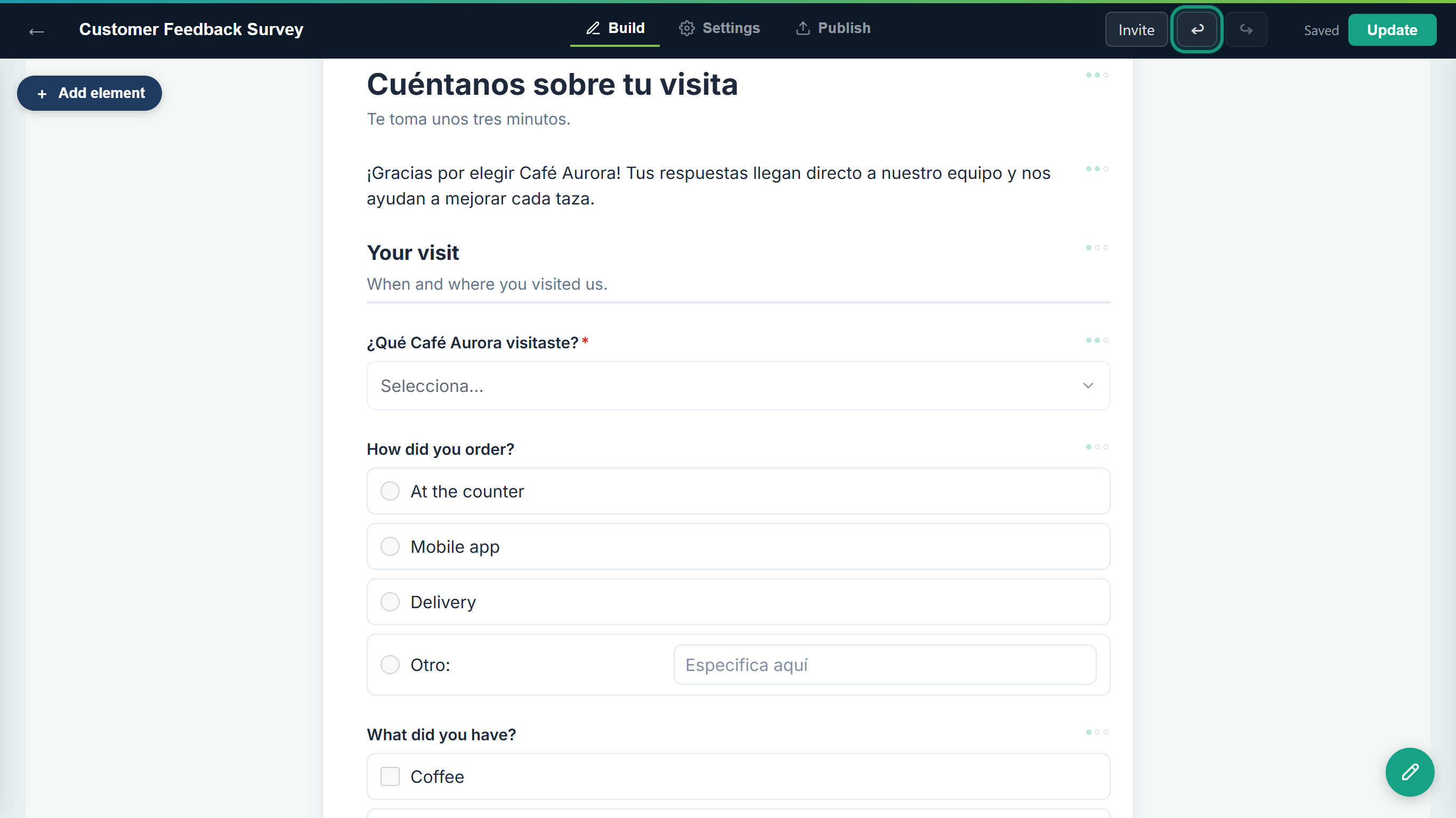The builder top bar with the Undo button outlined, above the canvas still showing the Spanish texts