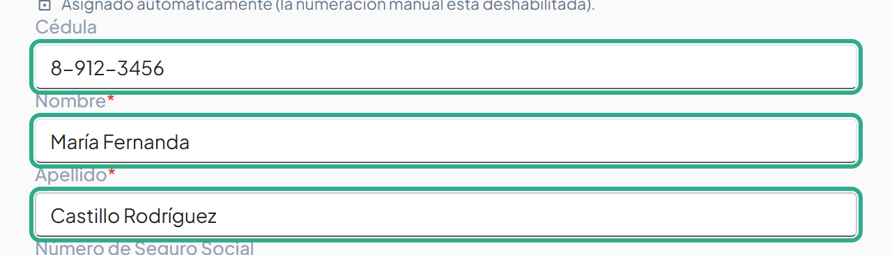 Campos Cédula, Nombre y Apellido resaltados con los datos de María Fernanda Castillo Rodríguez