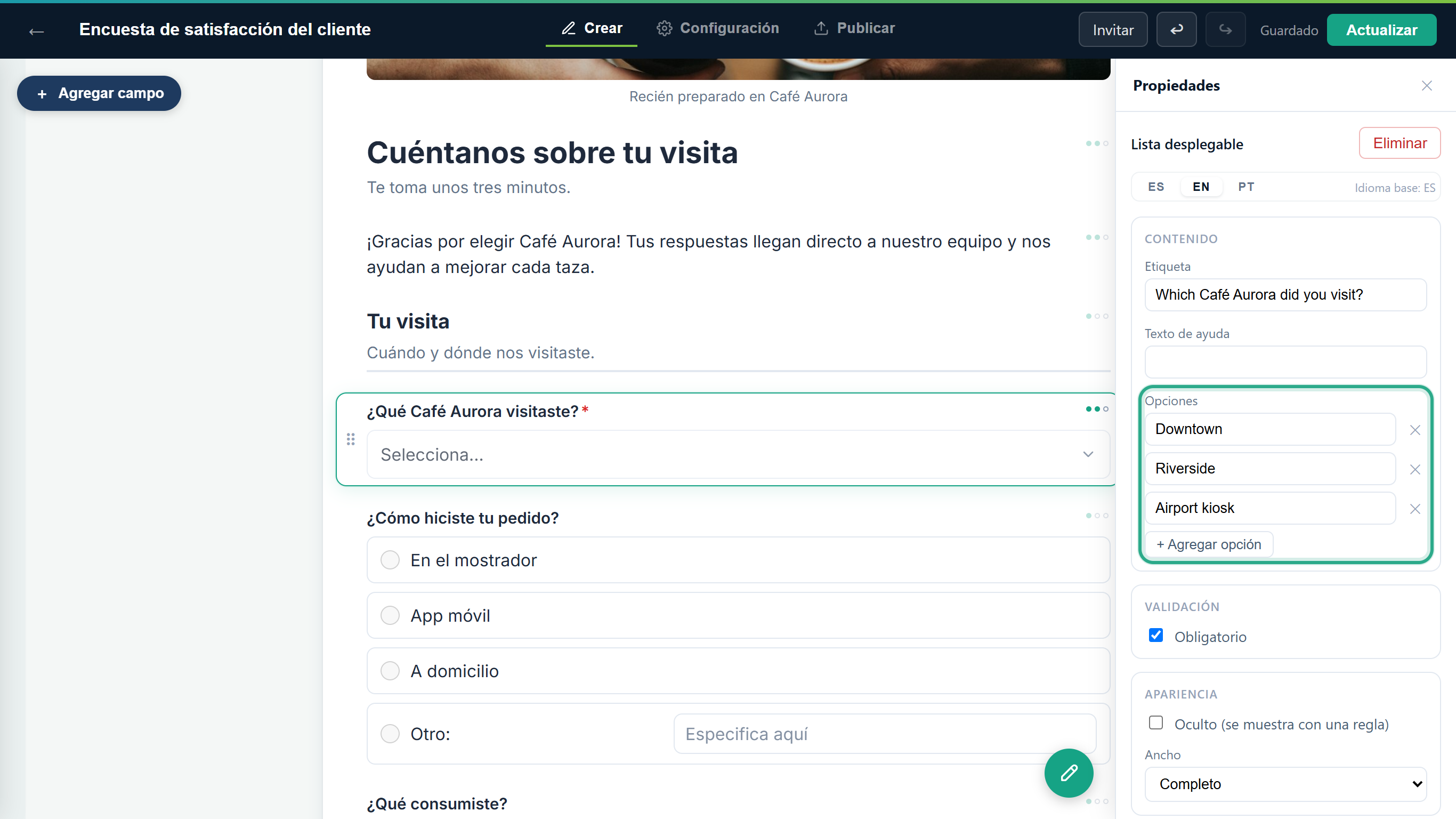 La lista Opciones en la pestaña EN, resaltada, con Downtown, Riverside y Airport kiosk