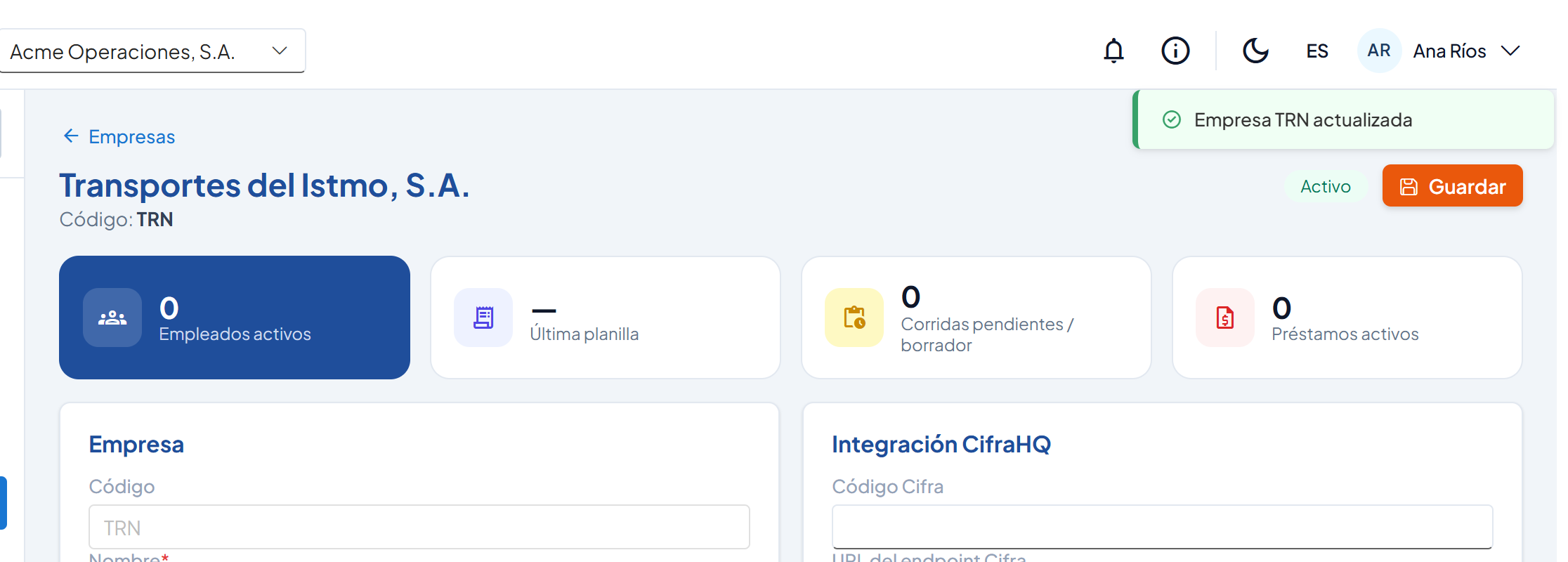 Detalle de Transportes del Istmo, S.A. con el mensaje Empresa TRN actualizada