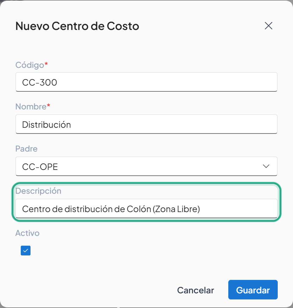 Campo Descripción resaltado con el texto Centro de distribución de Colón (Zona Libre)