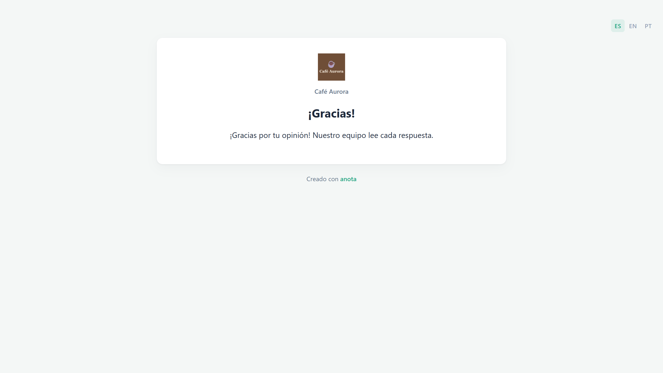 The Spanish thank-you screen with ¡Gracias! and ¡Gracias por tu opinión! Nuestro equipo lee cada respuesta.
