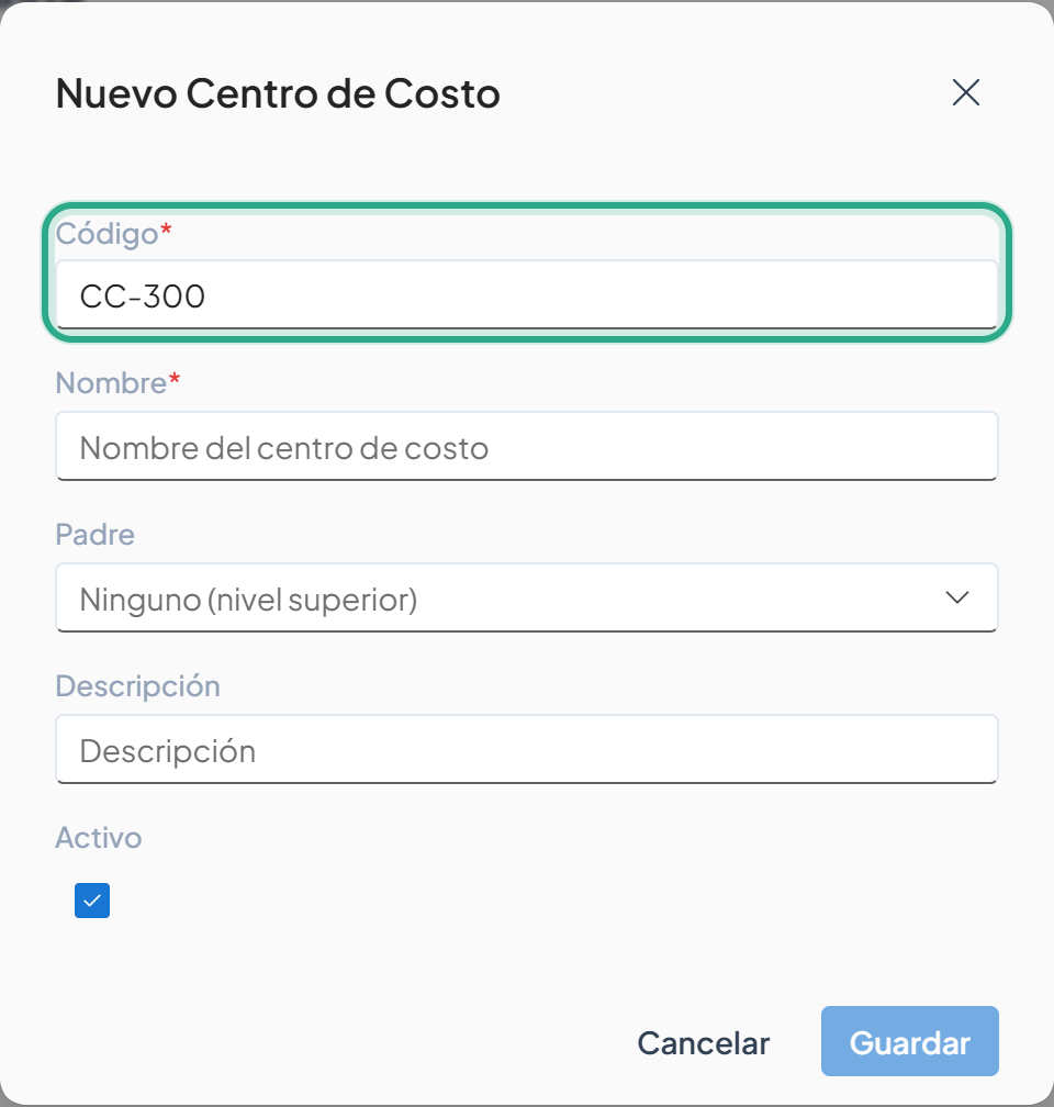 Cuadro Nuevo Centro de Costo con el campo Código resaltado y el valor CC-300