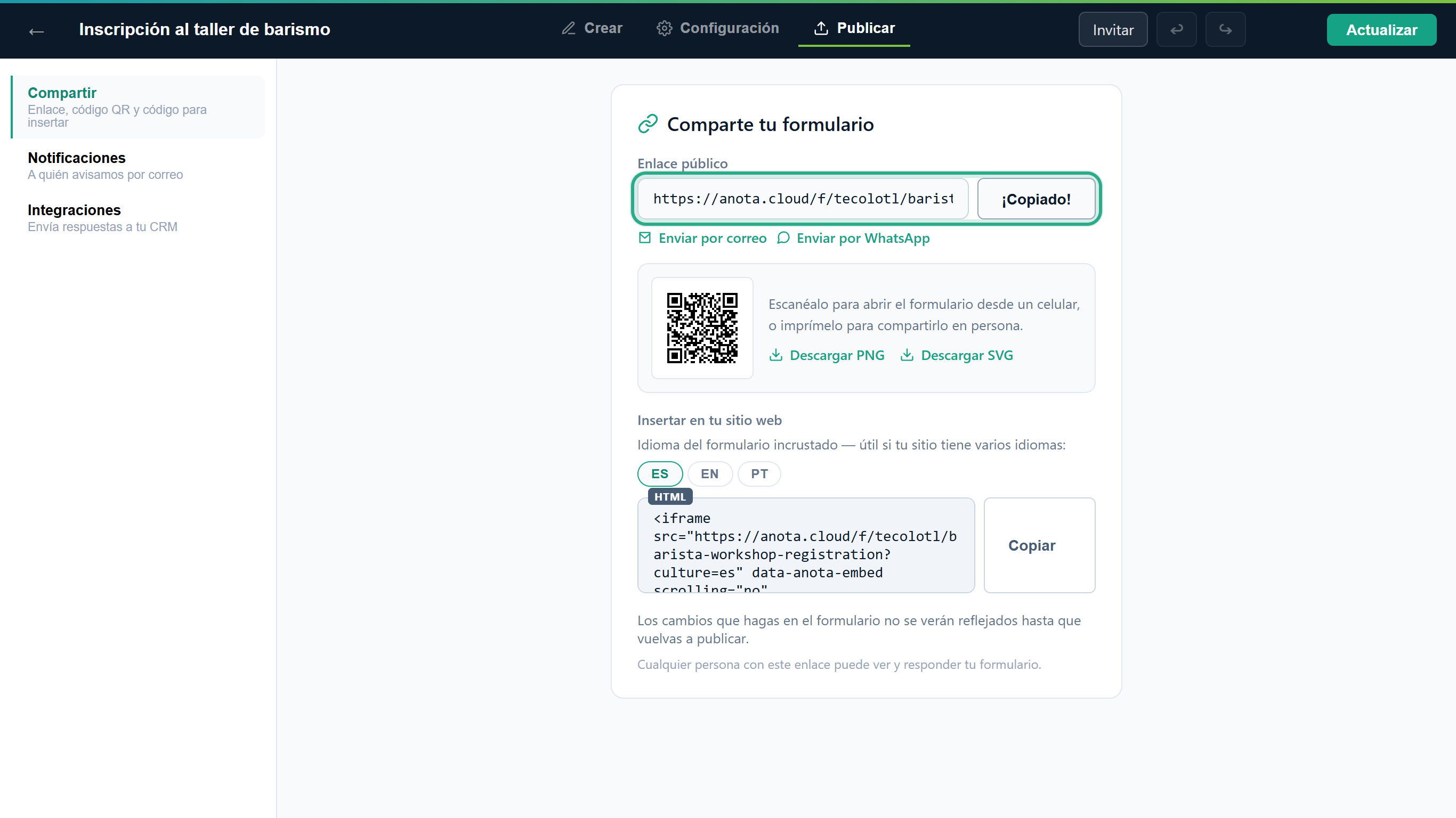 El cuadro Enlace público con https://anota.cloud/f/tecolotl/barista… y el botón Copiar, que ahora dice ¡Copiado!, resaltados