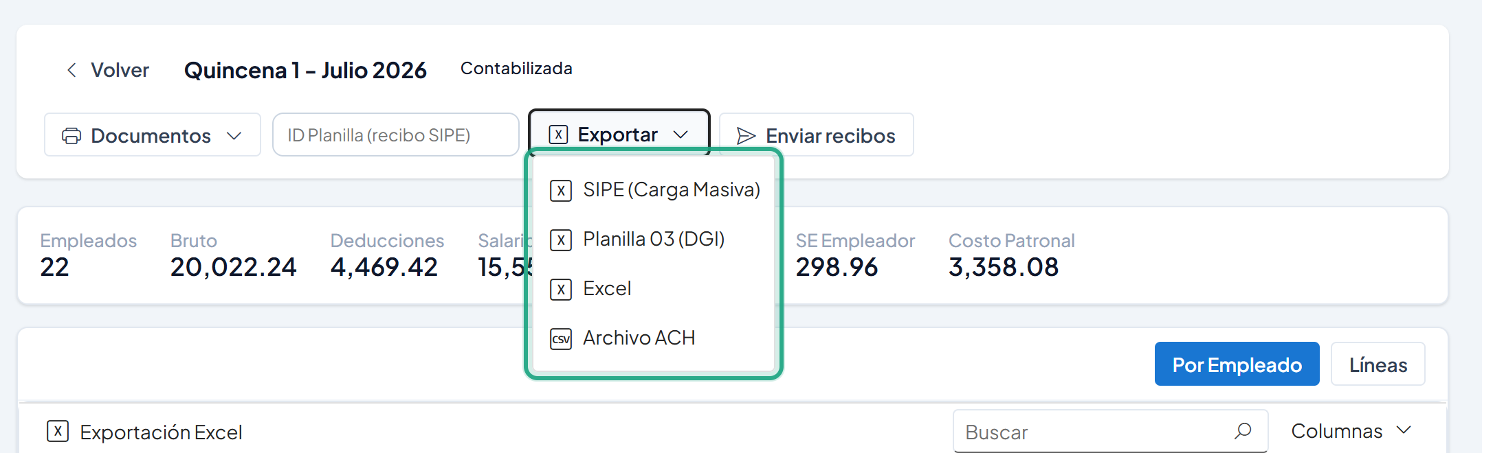 Menú Exportar abierto y resaltado con las opciones SIPE (Carga Masiva), Planilla 03 (DGI), Excel y Archivo ACH