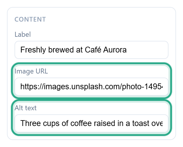 The Content section of an Image with Label, Image URL and Alt text, with Image URL and Alt text outlined